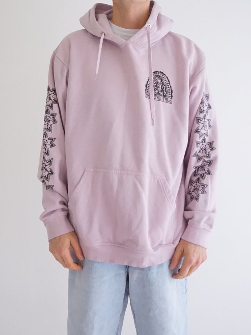 Indestructible Designer Streetwear Pink Virgin Mary Sleeve Graphic Hoodie XL